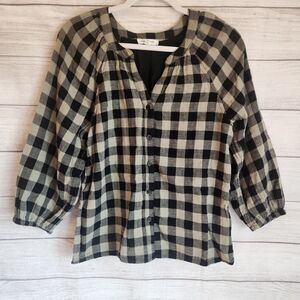 Beach Lunch Lounge Womens Khaki Black 100% Cotton Balloon Sleeve Blouse XS